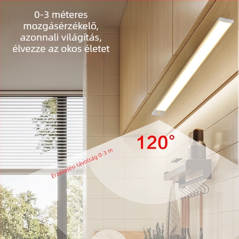 Ultra vékony LED-szalag mozgásérzékelővel, állítható fényerővel, újratölthető, öntapadós, szekrényekhez, ruhásszekrényekhez és borospultokhoz