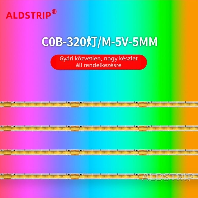 USB 5V-ról működő COB LED-szalag, 320 LED-del, 10W, világításhoz szekrényekhez és kávéfőzők megvilágításához