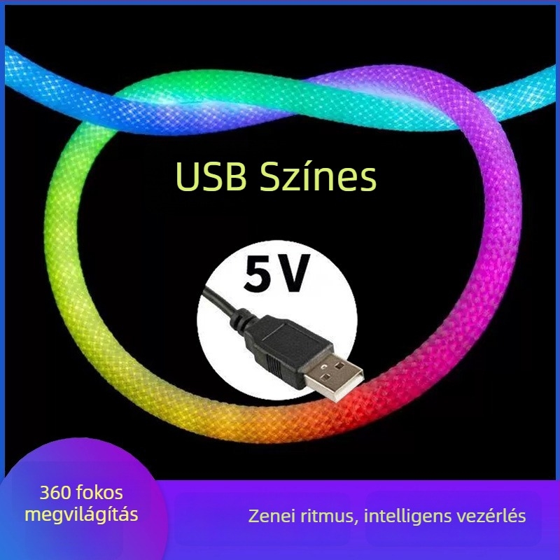 5V LED szalag 360°-os RGB folyó színekkel, USB Bluetooth zene, rugalmas szilikon fonott neon fény
