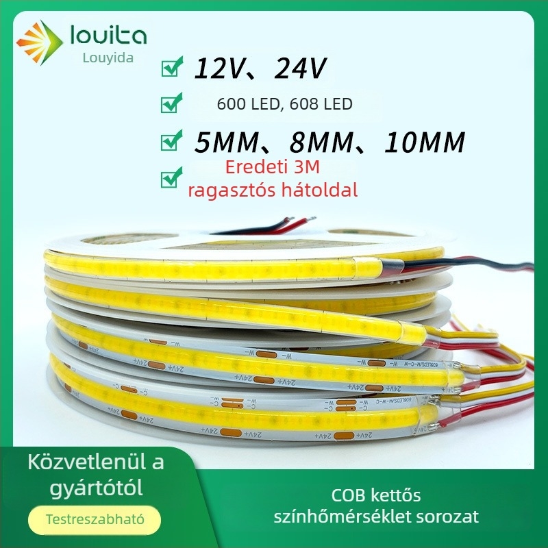 COB LED szalag kettős színhővel, 608 LED-del, külső vezérléssel dimmelhető, 12/24 V bemenet, 5 mm szélesség, gardrób világítás