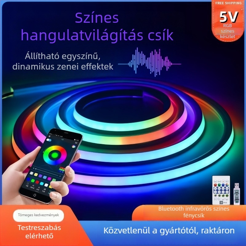 5V rugalmas neonszín-változtató futó fénycsík készlet, RGB Bluetooth, több színű atmoszférikus dekoratív lineáris világítás