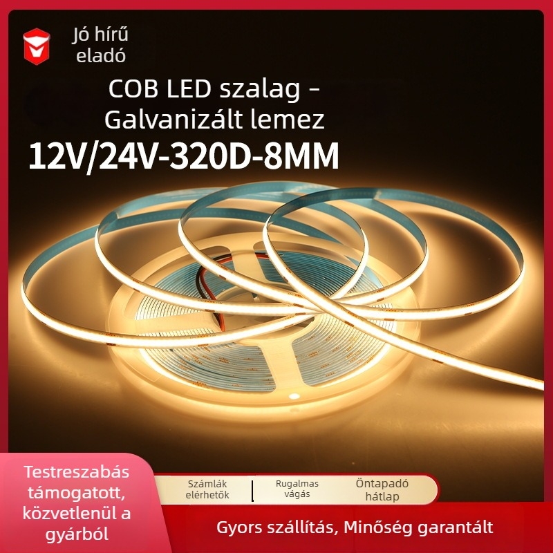 COB LED-szalag 24V, 320 LED, ultra-szűk 8 mm, öntapadós, beltéri ambient világítás