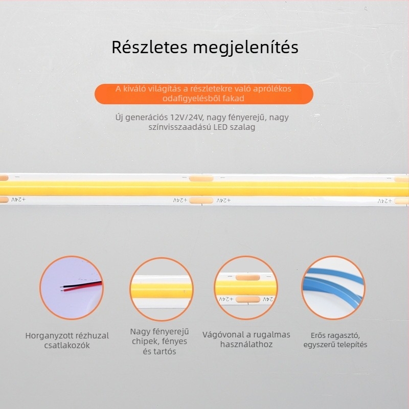 COB LED-szalag 24V, 320 LED, ultra-szűk 8 mm, öntapadós, beltéri ambient világítás