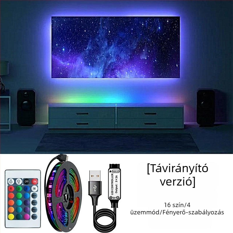 5V USB RGB 5050 LED-szalag öntapadós hátoldallal, állítható fényerővel, ambient világításhoz
