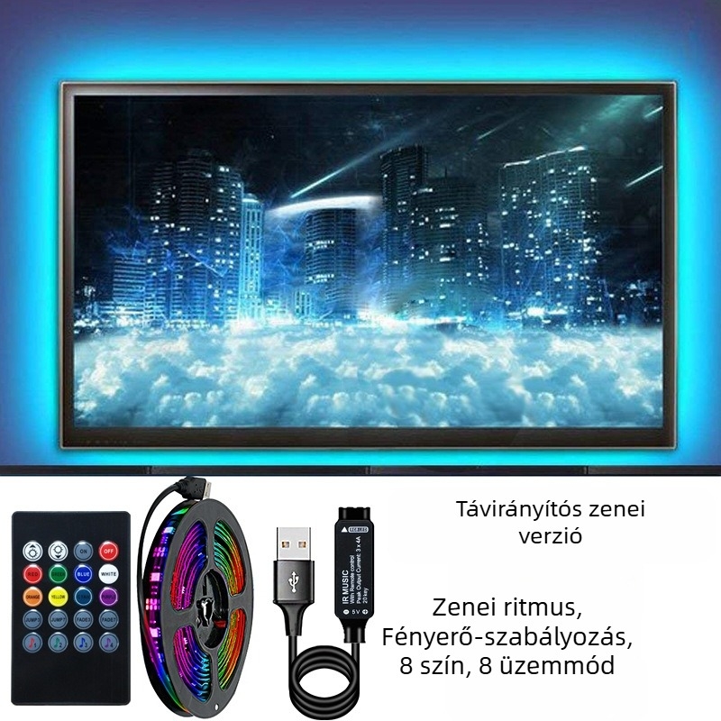 5V USB RGB 5050 LED-szalag öntapadós hátoldallal, állítható fényerővel, ambient világításhoz