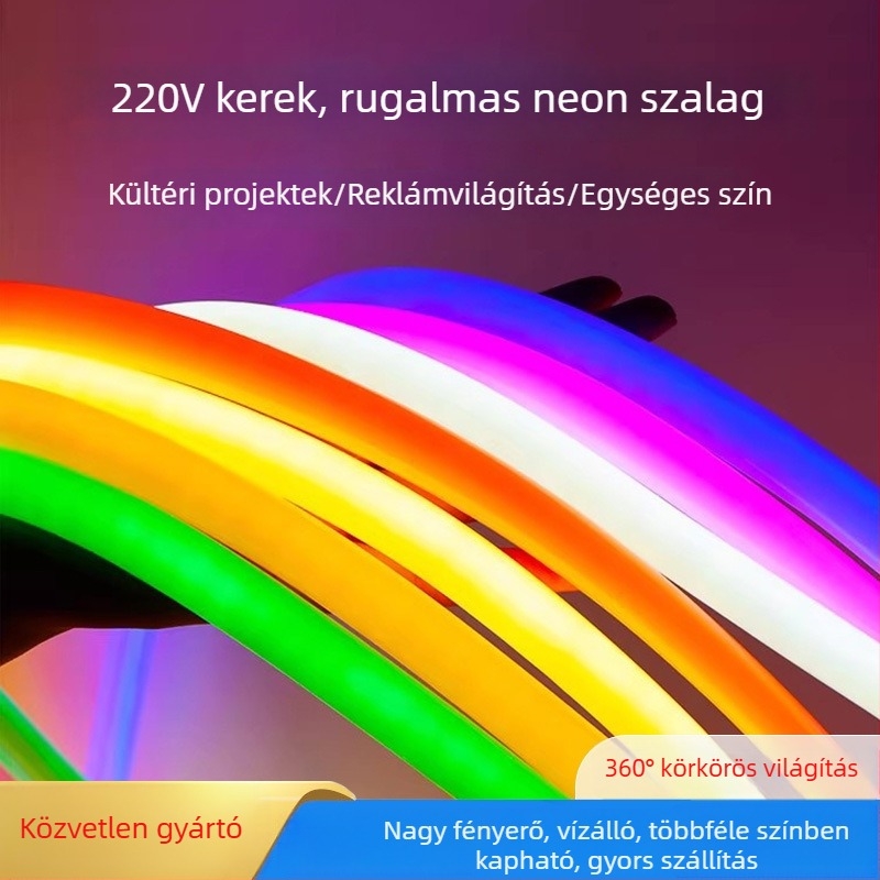 Egyedi kerek LED-szalag, 220V, rugalmas, 2835 LED-ek, neonfény, 360 fokos vízálló kültéri világítás