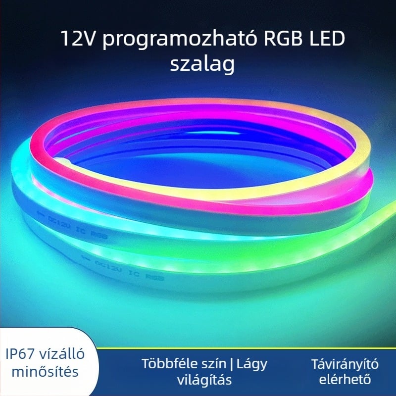 12V-os szilikon LED csík RGB színátmenet, kültéri vízálló, rugalmas világítócsík, fényerő-szabályzóval mérnöki alkalmazásokhoz