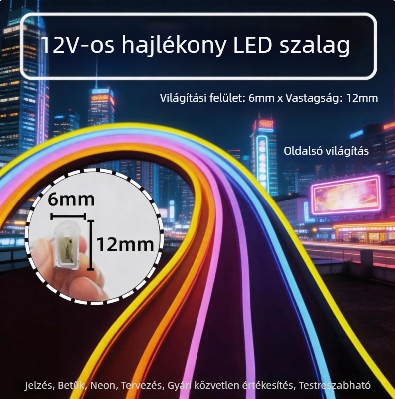 Oldalról világító neon LED-szalag, öntapadós szilikoncsík, kültéri vízálló dekoratív hangulatvilágítás