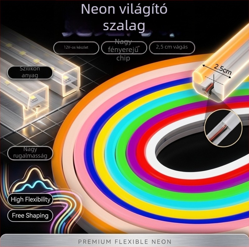 Oldalról világító neon LED-szalag, öntapadós szilikoncsík, kültéri vízálló dekoratív hangulatvilágítás