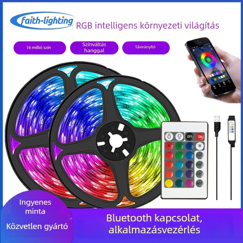 5V USB RGB LED-szalag alkalmazással és Bluetooth távirányítóval, TV háttérvilágítás, 30 LED (5050 RGB)