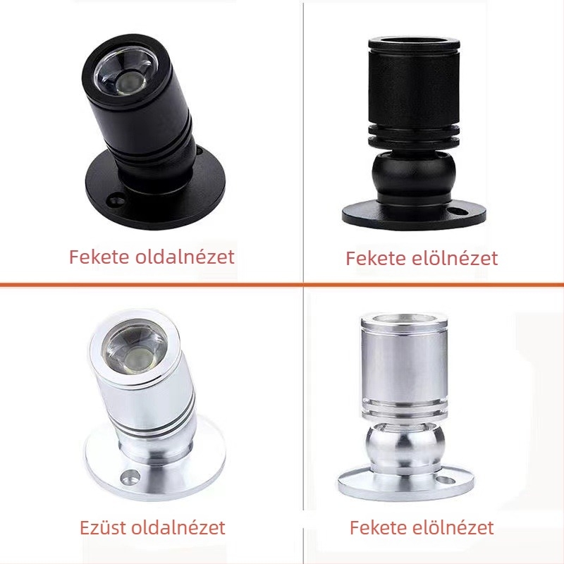 1W állítható szögű LED kis spotlámpa ház, ezüst alumínium, 20 mm külső átmérő, talppal, ékszer vitrin világítási készlet