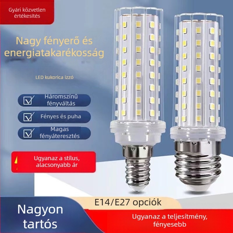 LED kukorica alakú izzó otthoni világításhoz, rendkívül fényes, árnyék nélküli, háromszínű fényhőmérséklet, alkalmas függesztett és asztali lámpákhoz, E14/E27 foglalattal.