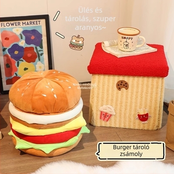 Hamburger alakú tároló taburet, kompakt vászon ülőfelület, többfunkciós, alkalmas hálószoba vagy nappali számára, 12 literes kapacitás