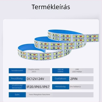 2835 LED szalag, alacsony feszültségű 12V/24V, öntapadó, két soros, összesen 240 LED (LED-enként 24 lm)