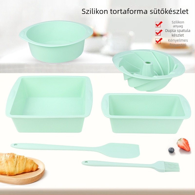 Szilikon sütőkészlet: kör és négyszög alakú süteményformák, pirító spatula, kenőecset és szilikon sütőedény