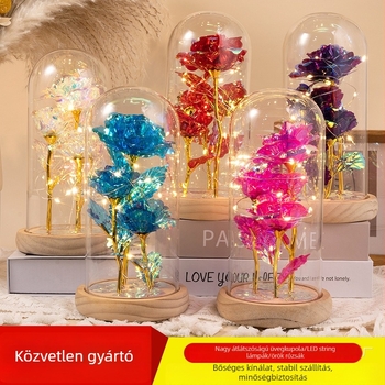Tanabata aranylevelű rózsa – örök virág, fénylő üvegbúrával, díszdobozos dekoráció