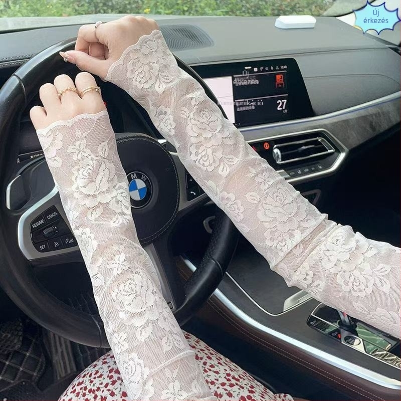 Női nyári ice-silk karvédő napsugárzás elleni védelemmel, rugalmas csipke hímzett, hosszú ujjú, légáteresztő, vezetéshez és kerékpározáshoz, heg fedése