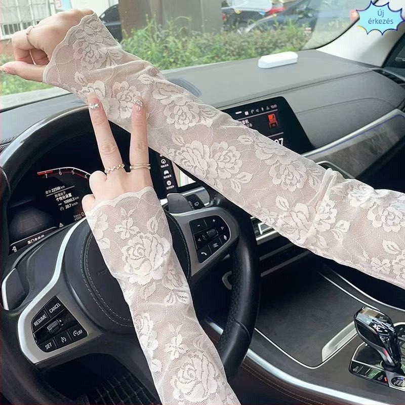 Női nyári ice-silk karvédő napsugárzás elleni védelemmel, rugalmas csipke hímzett, hosszú ujjú, légáteresztő, vezetéshez és kerékpározáshoz, heg fedése