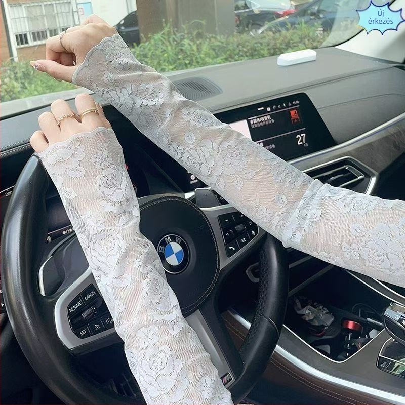 Női nyári ice-silk karvédő napsugárzás elleni védelemmel, rugalmas csipke hímzett, hosszú ujjú, légáteresztő, vezetéshez és kerékpározáshoz, heg fedése