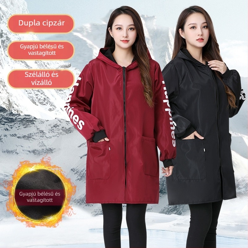 Konyhai téli fleece-bélelt kötény, hosszú ujjú, meleg, vízálló külső munkaruha