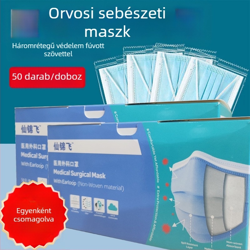 Xianjinfei Egyszer használatos orvosi maszk – háromrétegű sebészeti maszk melt-blown réteggel, egyenként csomagolva