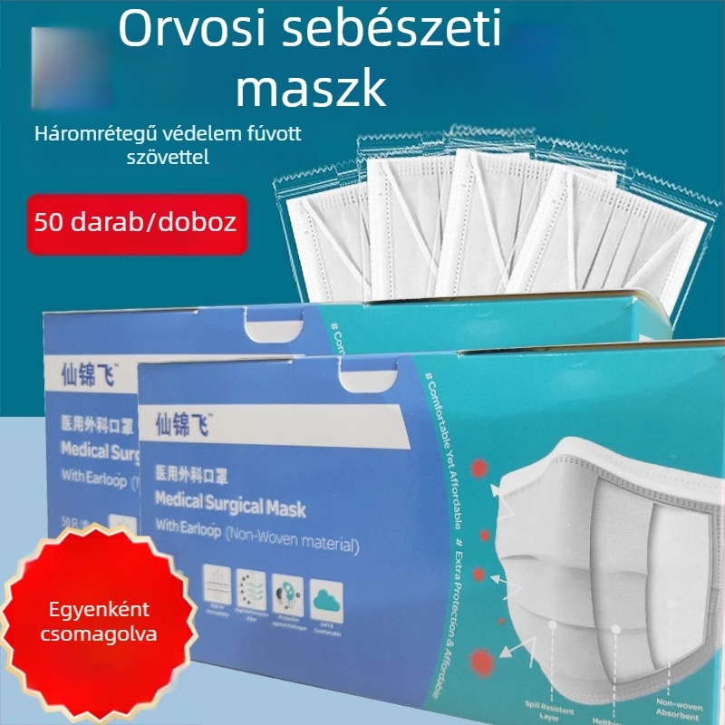 Xianjinfei Egyszer használatos orvosi maszk – háromrétegű sebészeti maszk melt-blown réteggel, egyenként csomagolva