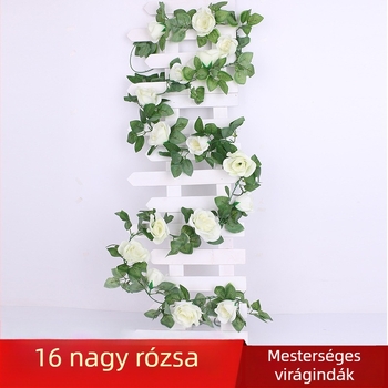 Selyem rózsa futó falidísz, 2.2 m, 16 művirággal, esküvői és fotózási kellék, otthoni dekoráció