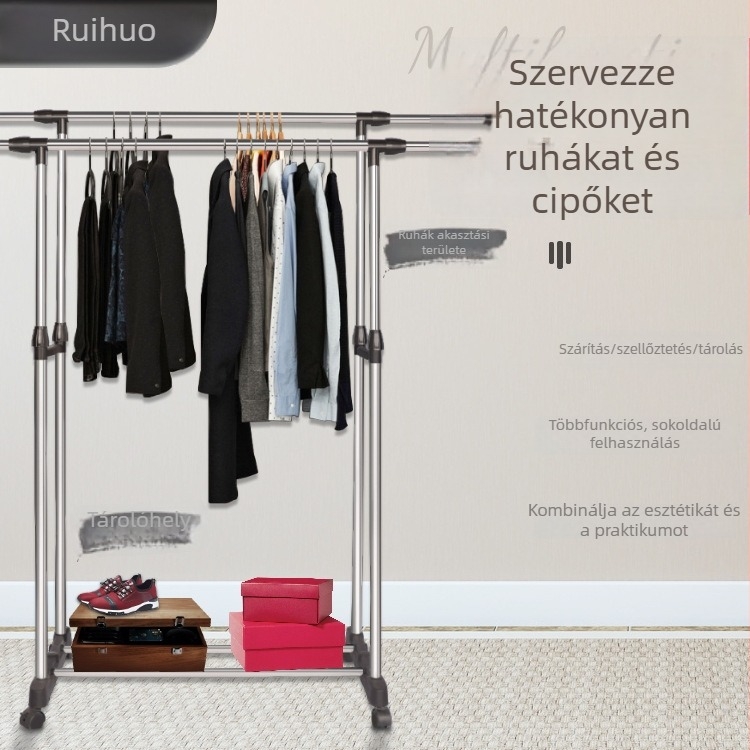 Rozsdamentes acél ruhaszárító állvány kettős rúddal, állítható, padlón álló
