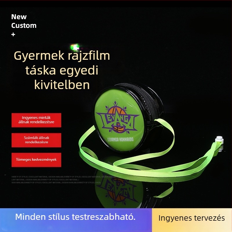 Gyerekeknek szóló rajzfilmszerű érmés pénztárca vállpánttal, kicsi kör alakú PVC táska logóval, aranyos tároló a fejhallgatóhoz