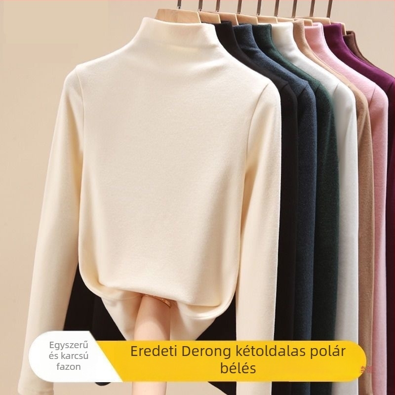 Nehéz kettős oldalú fleece téli felső nőknek, karcsú szabású, hosszú ujjú, fél magas gallér, sokoldalú külső ruházatként viselhető