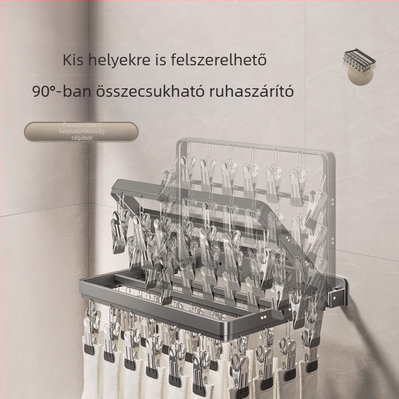 Alumíniumötvözetes ruhaszárító falra szerelhető, 26 kapoccsal, összecsukható, zoknik és alsóneműk számára