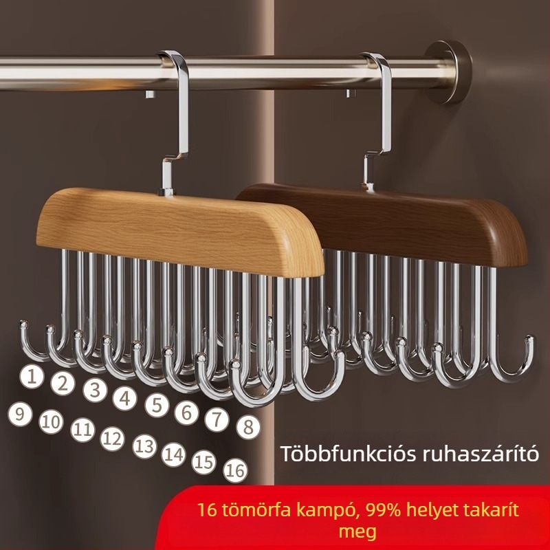 Multifunkcionális fehérneműtároló szervező fa horogokkal és hullám mintázatú szárítóállvánnyal, otthoni használatra és diákszállásokra.