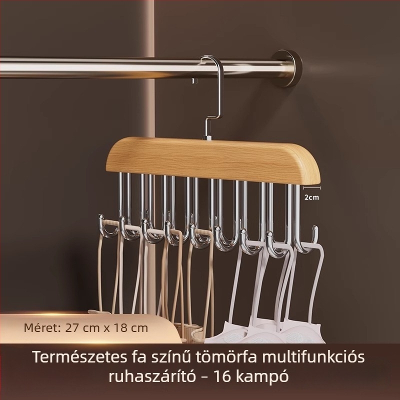 Multifunkcionális fehérneműtároló szervező fa horogokkal és hullám mintázatú szárítóállvánnyal, otthoni használatra és diákszállásokra.