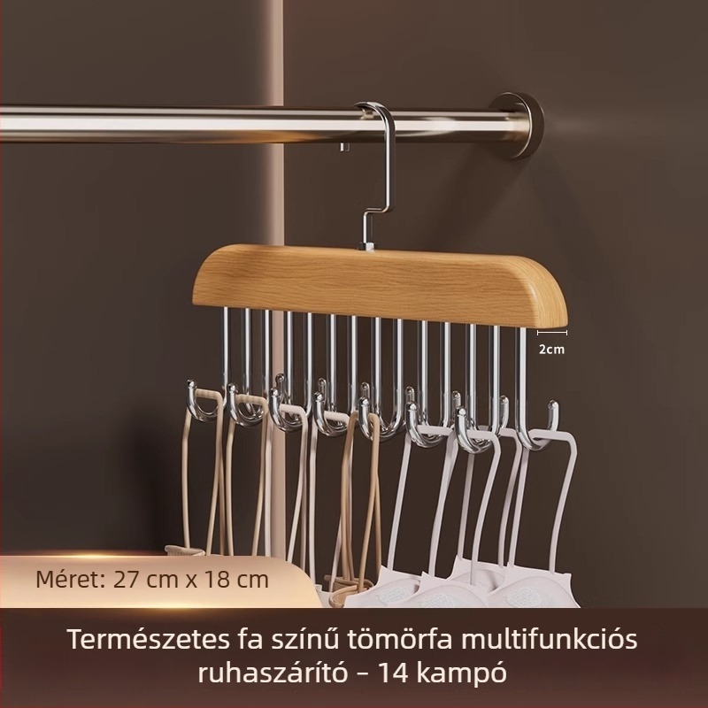 Multifunkcionális fehérneműtároló szervező fa horogokkal és hullám mintázatú szárítóállvánnyal, otthoni használatra és diákszállásokra.