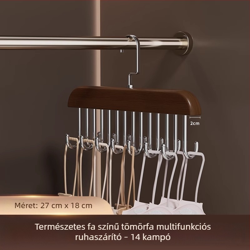 Multifunkcionális fehérneműtároló szervező fa horogokkal és hullám mintázatú szárítóállvánnyal, otthoni használatra és diákszállásokra.