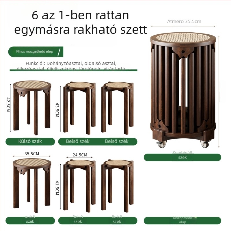 Hat az egyben: halmozható kör alakú ülőke tömörfából, otthoni használatra, többfunkciós ülő- és kis asztal.
