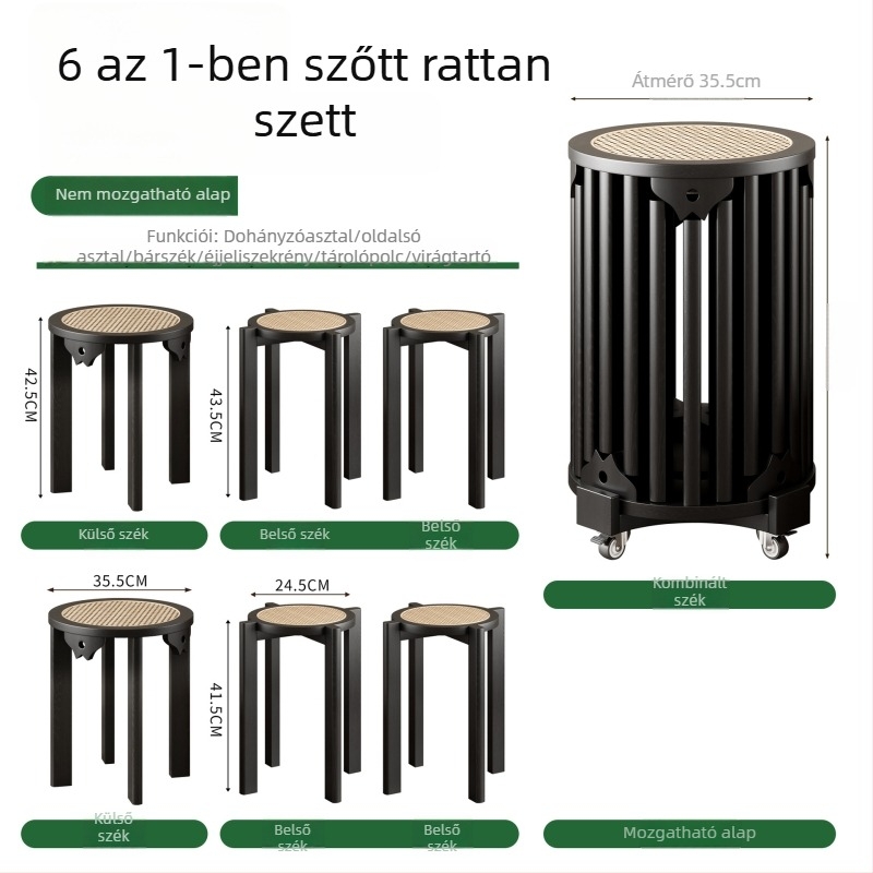 Hat az egyben: halmozható kör alakú ülőke tömörfából, otthoni használatra, többfunkciós ülő- és kis asztal.