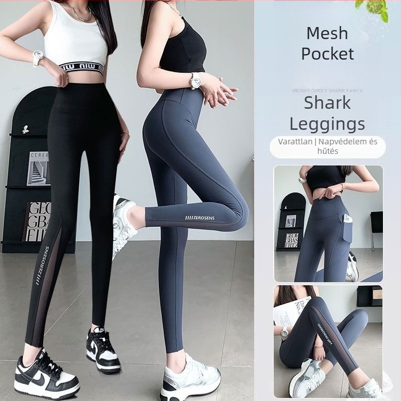 Shark pants 2026 tavasz-nyár vékony leggings zsebekkel, hálós anyaggal, haskontroll és fenékemelés, jóga és Barbie kerékpározás