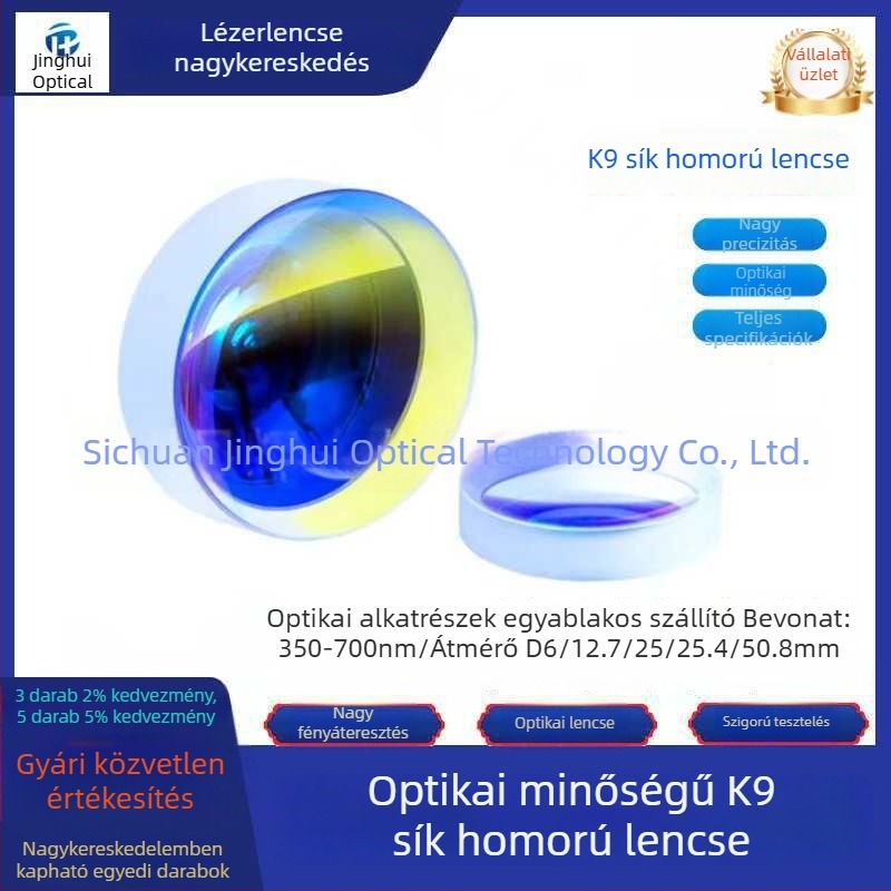 K9 planokonkáv lencse, átmérők 6/12.7/25/25.4/50.8 mm, optikai antireflexiós bevonat, látható fény 350–700 nm