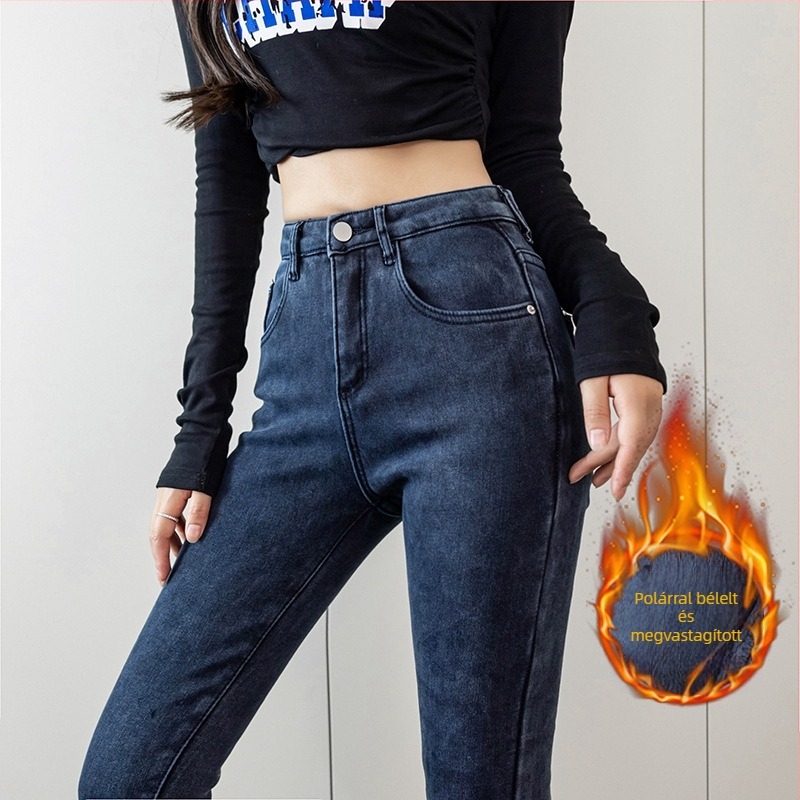 Női kék-szürke denim farmer fleece-sel bélelt őszi-téli szezonra, kis méret, magas derék, szűk, elasztikus