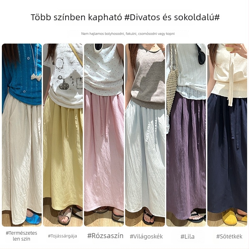 Női Tencel-len keverékű szoknya, nyárra, közepes hosszúságú, A-vonalú fazon, hasítékkal
