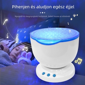 Ovális asztali projektor beépített hangszóróval és USB tápellátással, óceán‑auróra hangulatvilággal és hullámmintázattal