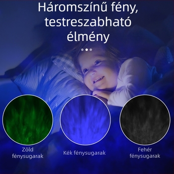 Ovális asztali projektor beépített hangszóróval és USB tápellátással, óceán‑auróra hangulatvilággal és hullámmintázattal