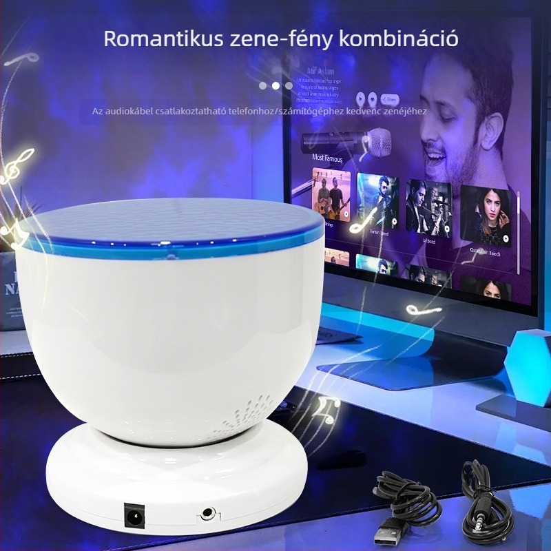 Ovális asztali projektor beépített hangszóróval és USB tápellátással, óceán‑auróra hangulatvilággal és hullámmintázattal