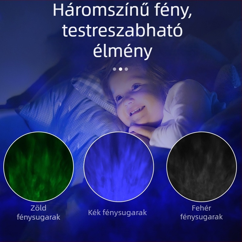 Ovális asztali projektor beépített hangszóróval és USB tápellátással, óceán‑auróra hangulatvilággal és hullámmintázattal