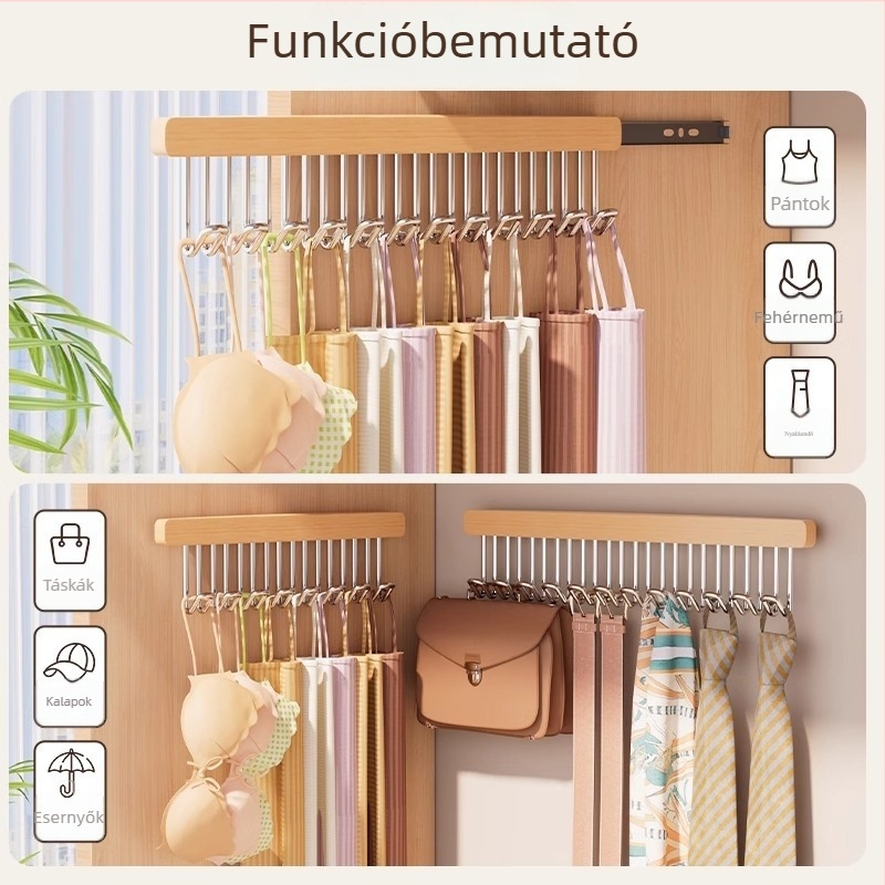 Fából készített kihúzható gardróbrendszer akasztókkal, ruhaszárító, fehérnemű és melltartó tároló, teleszkópos vállfa.