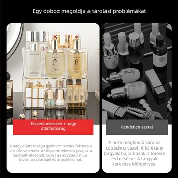 Akril sminktároló doboz osztókkal, sminkasztali rendező, porálló, nagy kapacitású