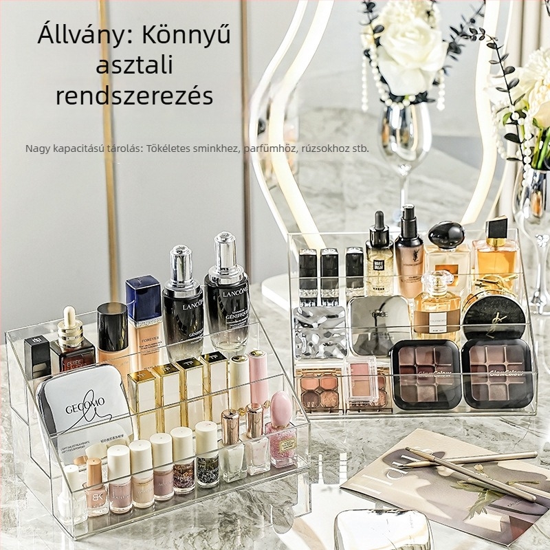 Átlátszó akril kozmetikai szervezőasztal sminkhez – parfümök, bőrápolási termékek, púderpuff és rúzs