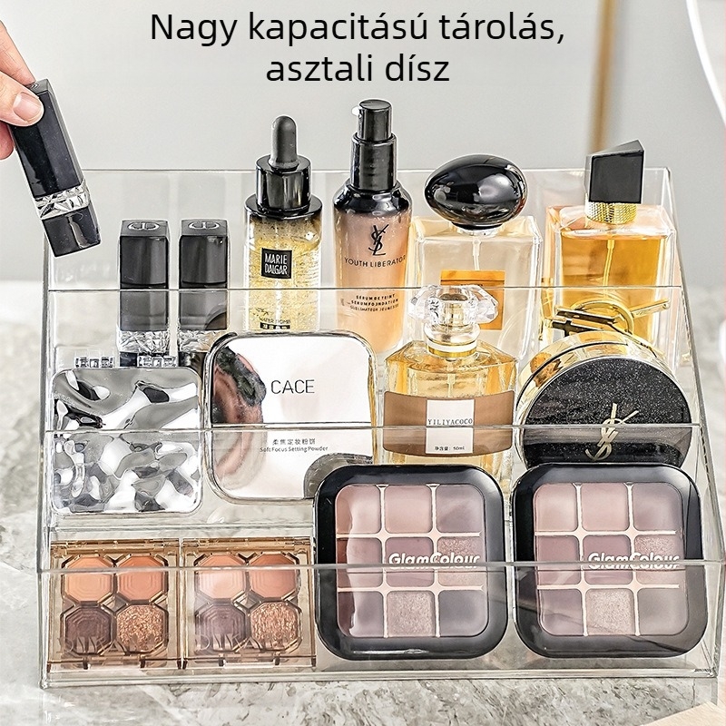 Átlátszó akril kozmetikai szervezőasztal sminkhez – parfümök, bőrápolási termékek, púderpuff és rúzs