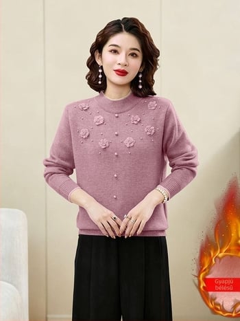 Téli kötött felső fleece béleléssel középkorú nőknek, meleg és rugalmas, kerek nyakú